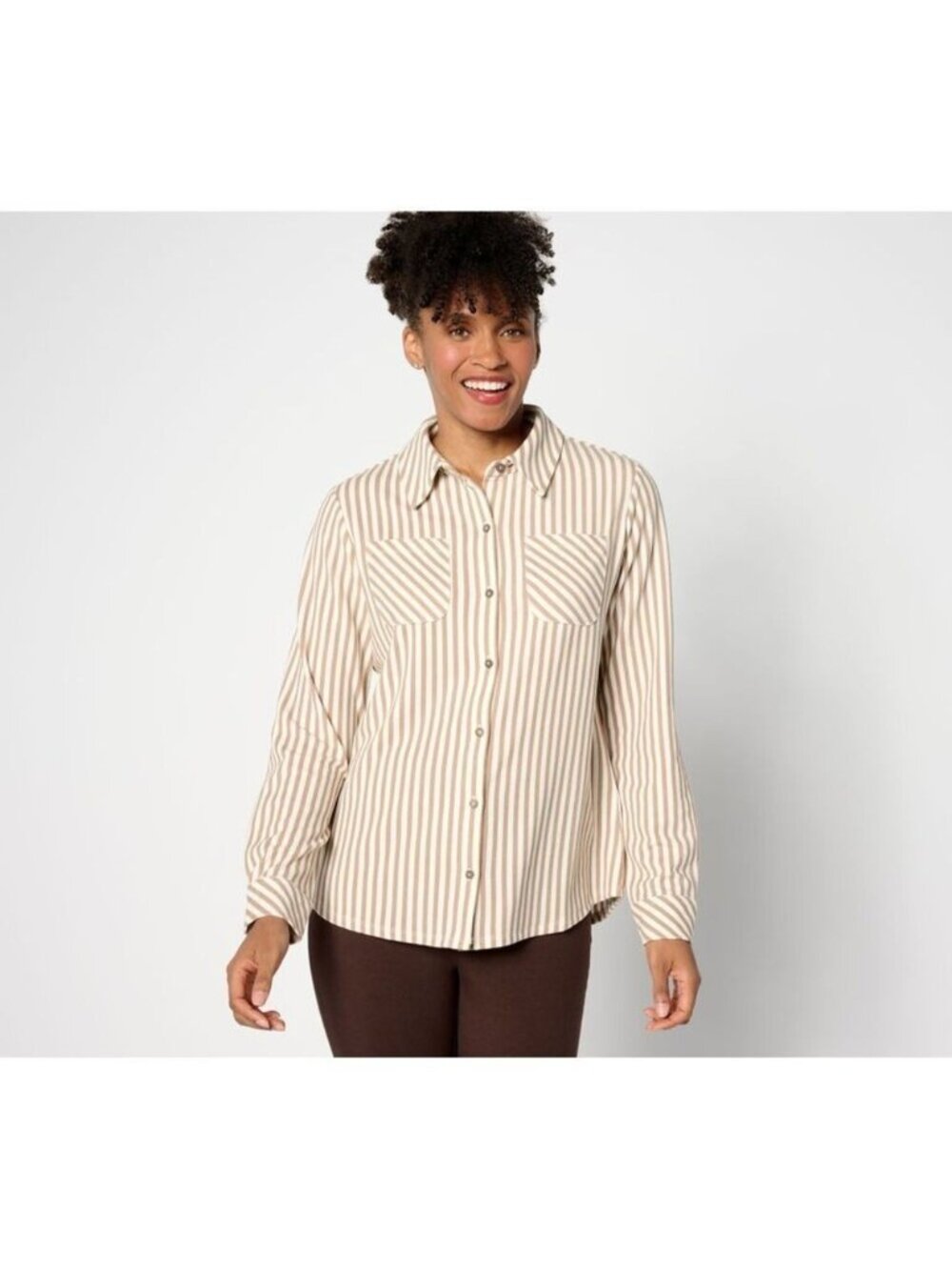 Denim & Co. Top Button Front Shirt sz L Striped Heavenly Jersey Brown A635975